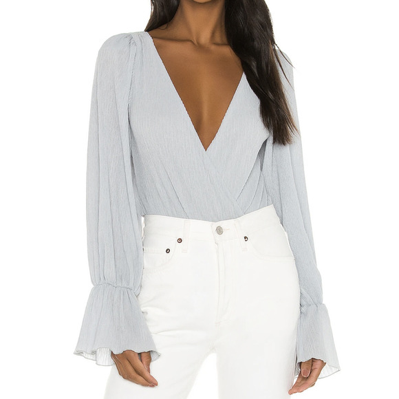 Tularosa Dusty Blue Wrap Top Bodysuit SMALL Pirate Sleeves Pleated Boho $158 NEW - Picture 1 of 7